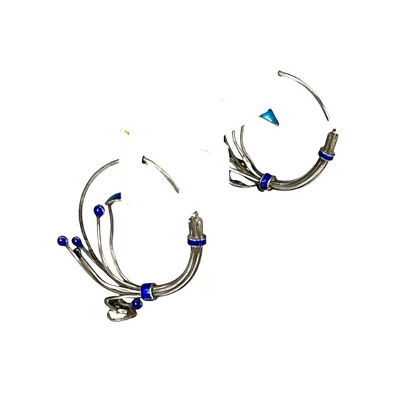 Vintage Silver & Blue Artistic Enamel Hoop Earrings With Abstract Design Tribal - Picture 8 of 10